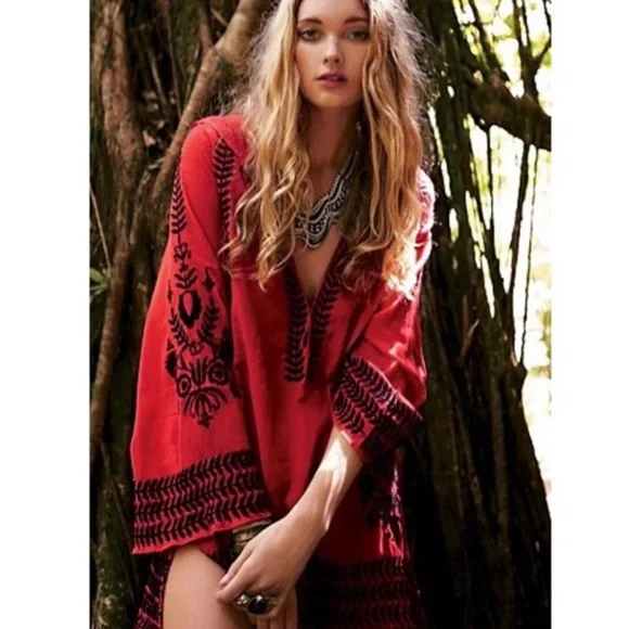 FREE PEOPLE Boho Embroidered Top Tunic or Mini Dress Hooded Swim Cover Up Red - Picture 2 of 15